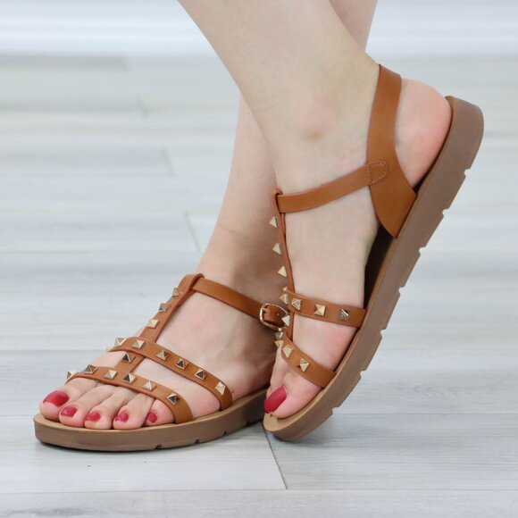 Tan Metal Stud Trendy Comfy Flat Gladiator Sandal Slip On Sliders - Picture 8 of 13